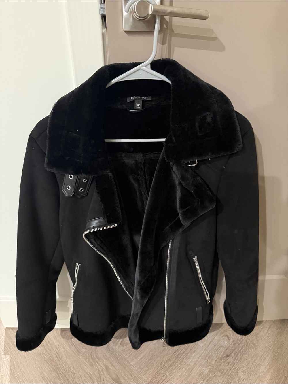 Topshop Black Faux Shearling Bomber Jacket